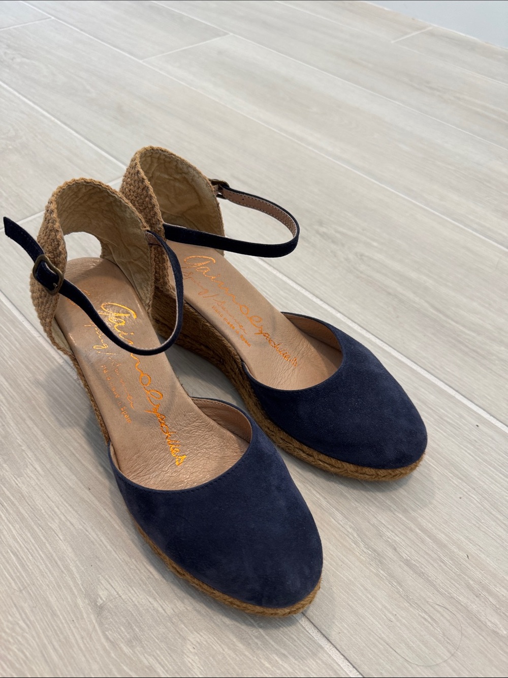 Ankle-Strap Navy Suede Espadrille Wedges by Gaimo, made in Spain